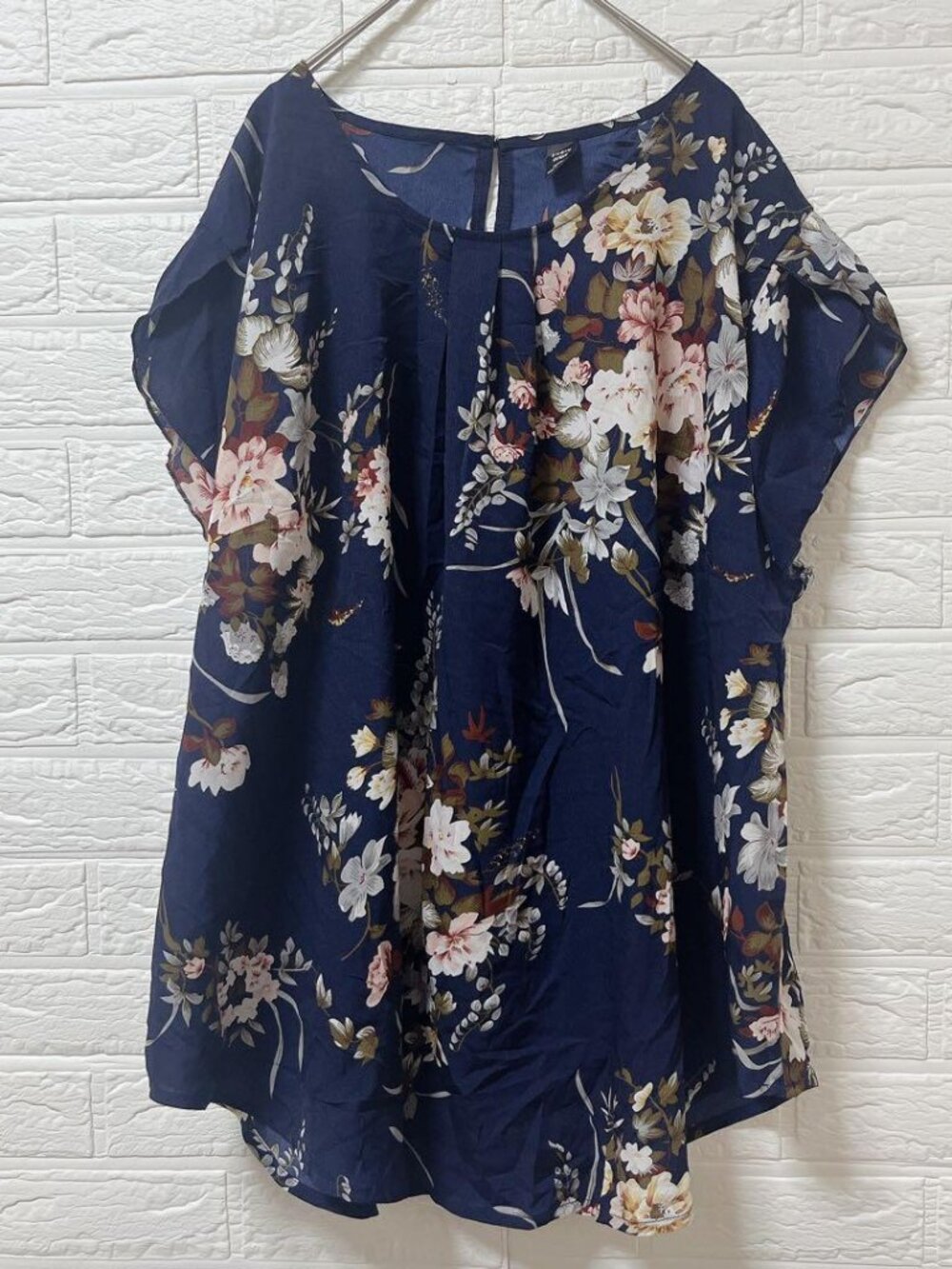 Shein Cure Floral Print Short-Sleeve Blouse Navy